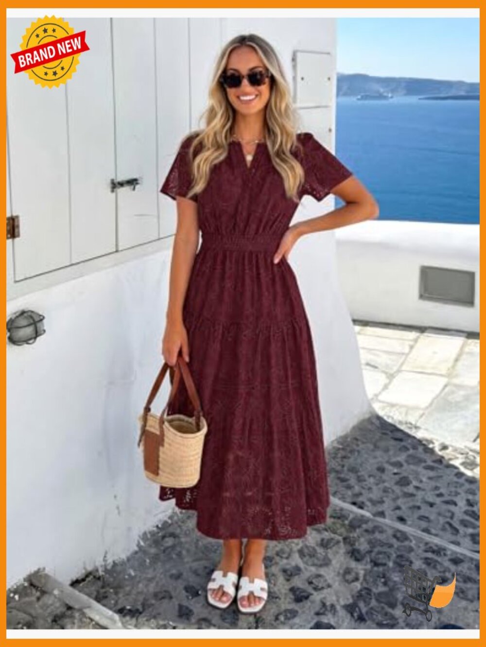 Women's Summer Boho Floral Maxi Dress Eyelet Lace Short Sleeve A Line - Picture 2 of 7